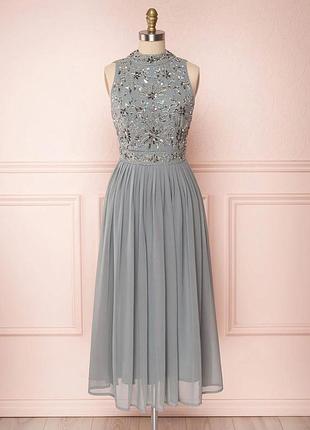 Новое вечернее платье расшитое бисером и пайетками angeleye серо-голубое нарядное платье миди