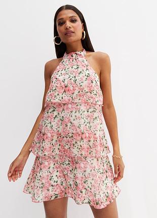 Платье халтер с воланами new look 🌸 вокруг шеи воланы оборки с оборками розовый цветочный принт