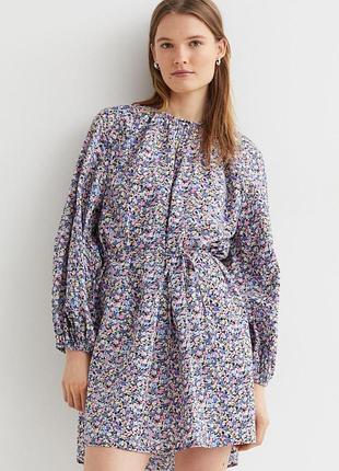 Свободное хлопковое платье в цветочек h&m plus size большой размер 3xl с поясом хлопок широкий рукав
