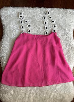 Рожева літня шовкова майка з брителями- ромашками