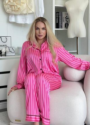 Жіноча шовкова піжама у смужку, домашній костюм в плоску, сорочка на гуздиках і штани на резинці