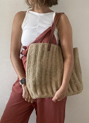 Шопер із джута ручної роботи зі шкіряною фурнітурою