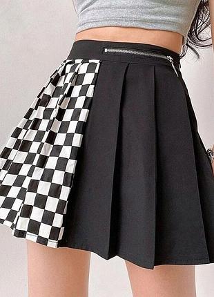 Юбка в складку шахматку черная мини юбка