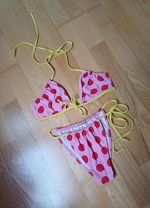 Трендовый розовый купальник miss sixty в горох с жёлтой отделкой раздельный купальник модный купальник бразилиано шторки