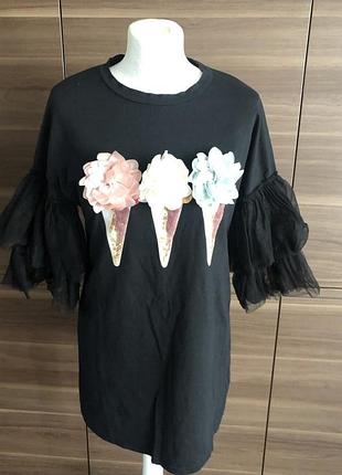 Черное платье -футболка с интересными рукавами