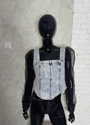 Джинсовий топ з напівпрозорими рукавами river island, l