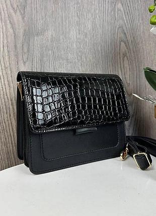 Женская мини сумочка клатч рептилия лаковая черная 1659