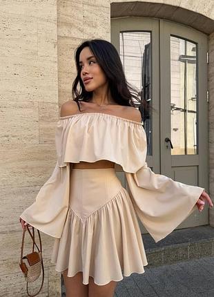 Женский костюм комплект летний топ с открытыми плечами и юбка пышная розовая бежевая