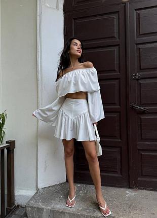 Женский костюм комплект летний топ с открытыми плечами и юбка пышная белый