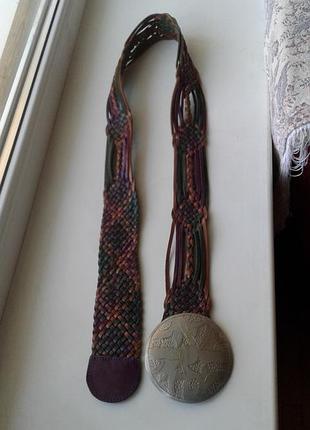 Кожаный плетеный ремень пояс с металлической пряжкой чеканка винтаж  warehous индия бохо