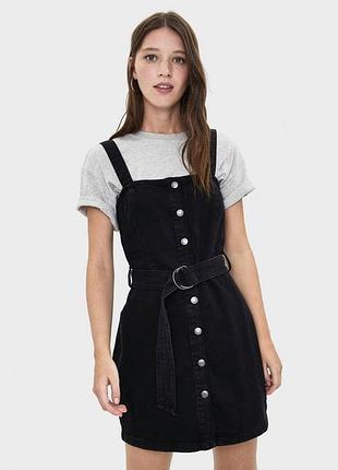 Чорний джинсовий міні сарафан з поясом, чорна джинсова сукня h&m