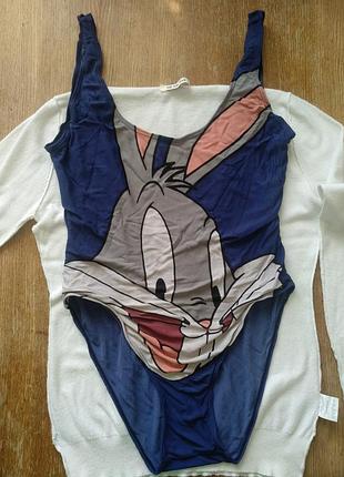 Интересный винтажный купальник, слитный, без чашечек, синий с мордочкой зайчика, очень красивый и прикольный