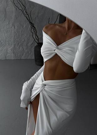 Костюм элегантный меди юбка высокая посадка топ бандо открытые плечи длинный рукав асимметрия пляж