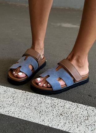 Шлепанцы женские из натуральной замши и кожи цвета джинс