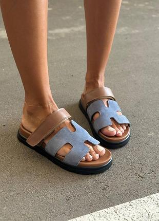 Шлепанцы женские из натуральной замши и кожи цвета джинс