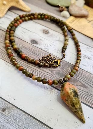 🔺🌳🐗 колье с подвеской маятник натуральный камень яшма гелиотроп унакит