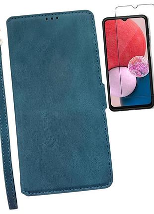 Комплект чехол книжка и стекло 2 шт для samsung galaxy a13 5g (синий)