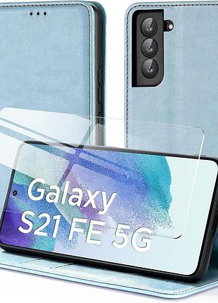 Чехол книга hohosb для samsung galaxy s21 fe со стеклом для дисплея (небесный цвет)
