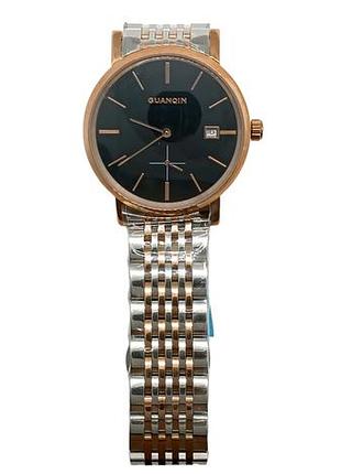 Чоловічий аналоговий автоматичний механічний наручний годинник guanqin gj16028 (металевий, чорний, золотий)