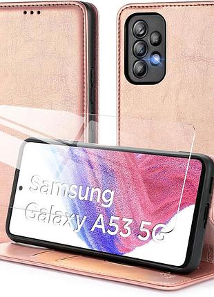 Чехол книга hohosb для samsung galaxy a53 5g со стеклом для экрана (розовое золото)