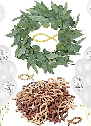 Набор декораций на причастие и крещение kgnon: деревянные рыбки, зеленая гирлянда, белые шарики и крестики