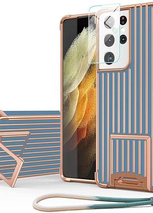Чехол ptuoniu для samsung galaxy s21 ultra со стеклом для камеры и ремешком (синий, золотой)
