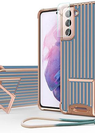 Чохол ptuoniu для samsung galaxy s21 plus 6,7 дюйма со скамейкой для камеры и ремня (синий, золотой)