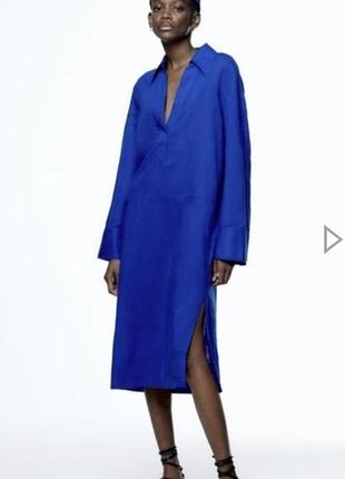 Синя сукня-сорочка від зараа, р.л, у складі 60% льон.