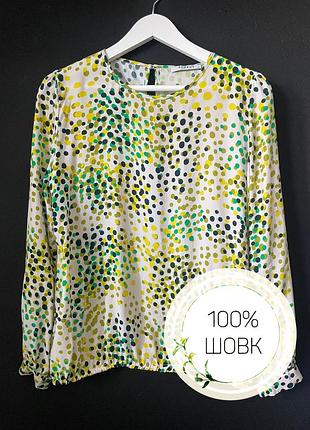 Шовкова блуза globus essentials 100 % шовк блузка шелк горошок літня довгий рукав зелена бежева жовта біла чорна кольорова без воротника silk сорочка
