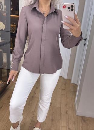 Жіноча блуза сорочка коричнева з полірованої костюмки аліса з ефектом матового шовку довга пряма з коміром