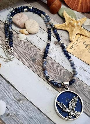 🔺💙🦅мужское колье оберег "орел" натуральный камень лазурит и содалит