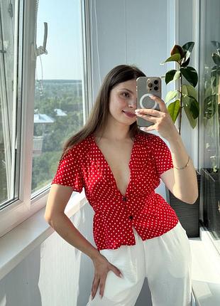 Мила червона блуза в сердечки на ґудзиках із віскози 1+1=3