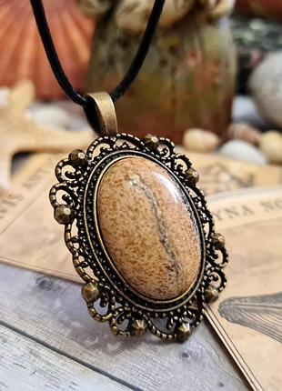 🔺🌾🐝 кулон в винтажном стиле натуральный овальный камень пейзажная яшма