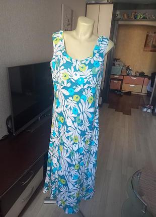 Красивое яркое льняное платье, сарафан в бежево- бирюзовых тонах, 52 размер, george.