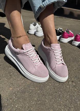 Кеди натуральна шкіра перфорація пудра