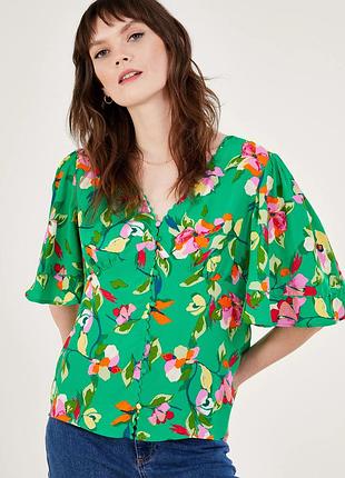 Брендовая вискозная блузка "monsoon" ярко-зелёная с цветочным принтом. размер м.