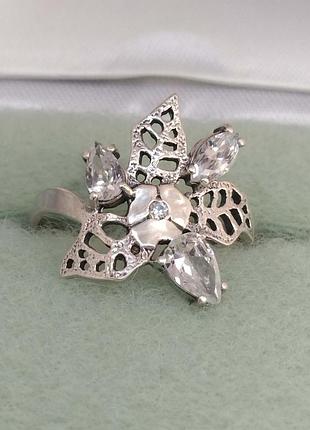 Кольцо с фианитами серебро 925, цветок и ажурные листья, винтаж украина