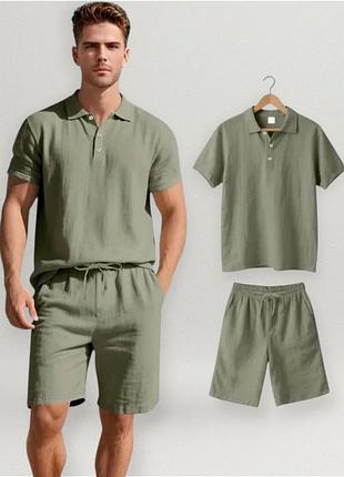 Костюм мужской летний из льна шорты на резинке и футболка поло повседневный для отпуска батал оливковый