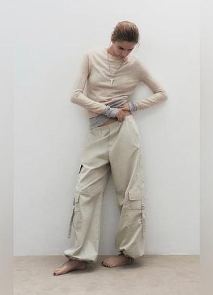 Zara сірі спортивні нейлонові об'ємні широкі штани джогери балони карго на високій посадці xs s m