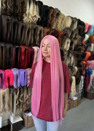 Парик ровный, розовый, длинный, термоволокно