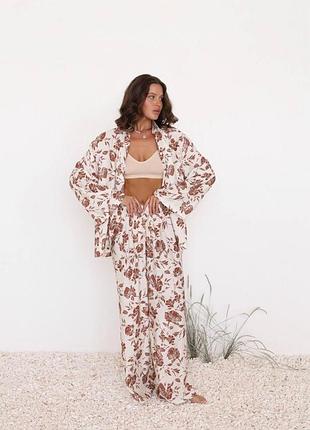 Льняной костюм в принт рубашка и брюки штаны лен