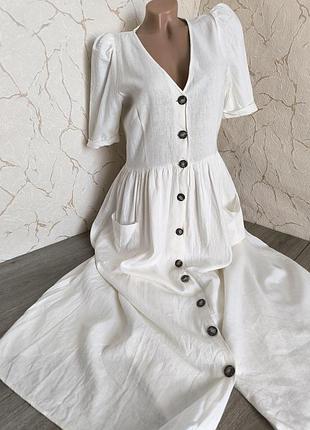 Платье белое длинное/ миди лён 48 г.