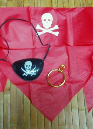 Набір пірата 3 предмети: бандана червона з черепом, наочник, сережка піратська