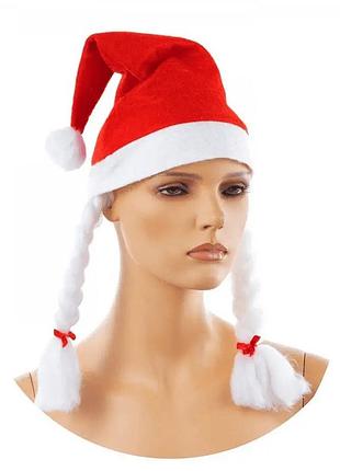 Шапка, ковпак санта-клауса жіночий з новорічними кісками