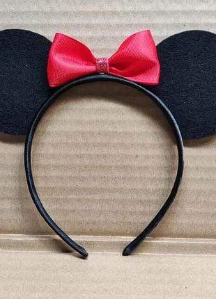 Ушки микки мауса черные с красным бантом матовые на обруче