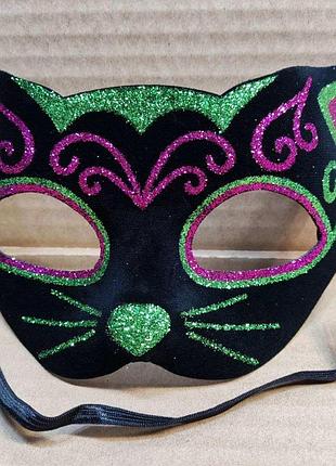 Маска кішки венеціанська велюр з блискучим глітером чорна, бузкова, зелена