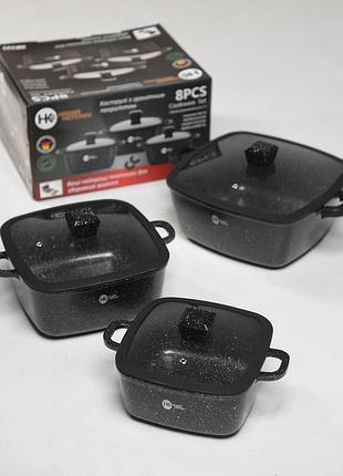 Набір квадратних каструль із силіконовими кришками чорний hk-323 вт7540(k9 - 00)