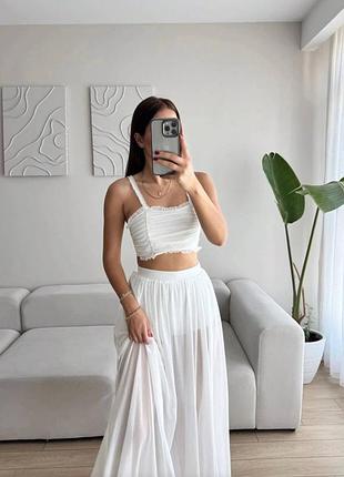 Жіночий костюм легкий літній топ з мереживом і прозора спідниця довга максі з шортиками шортами