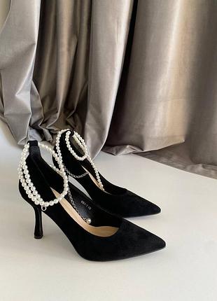 Базові туфлі човники на каблуку з перлинами чорні туфлі на шпильці туфлі на підборах з перлами