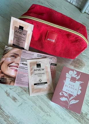 Набор большое вместительное вельветовое косметичка avon и пробные образцы anew pur blanca petal на подарок